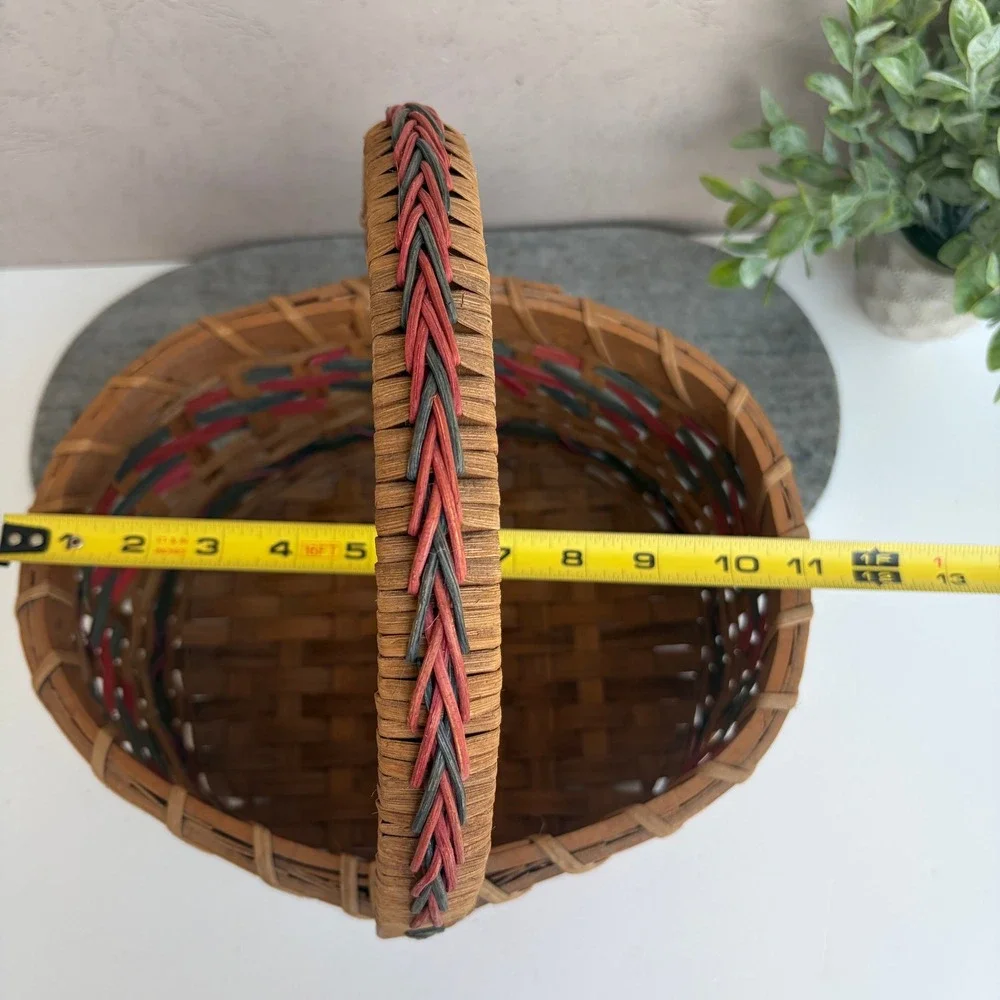 Vintage Style Woven Splint Oval Basket with Handle Red and Green Accents